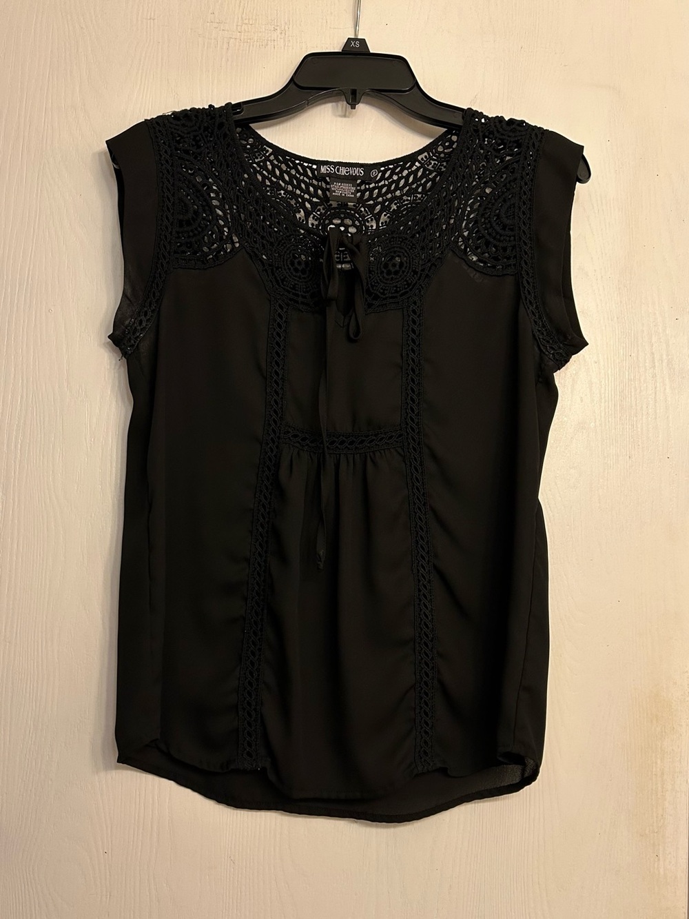 Miss Chievous Black Crochet Yoke Sleeveless Tie-Front Top, size M.